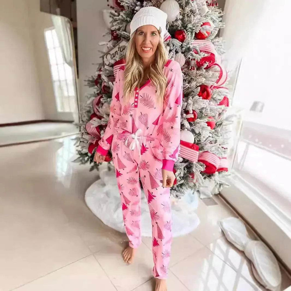 Christmas Pajamas Suit Christmas Tree Printed Long Sleeve Button Two-piece Set - EX-STOCK Canada