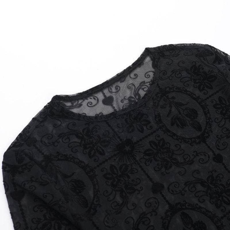 Elegant Slim-fit Tulip Flocking transparent lace top bodycon top women - EX-STOCK Canada