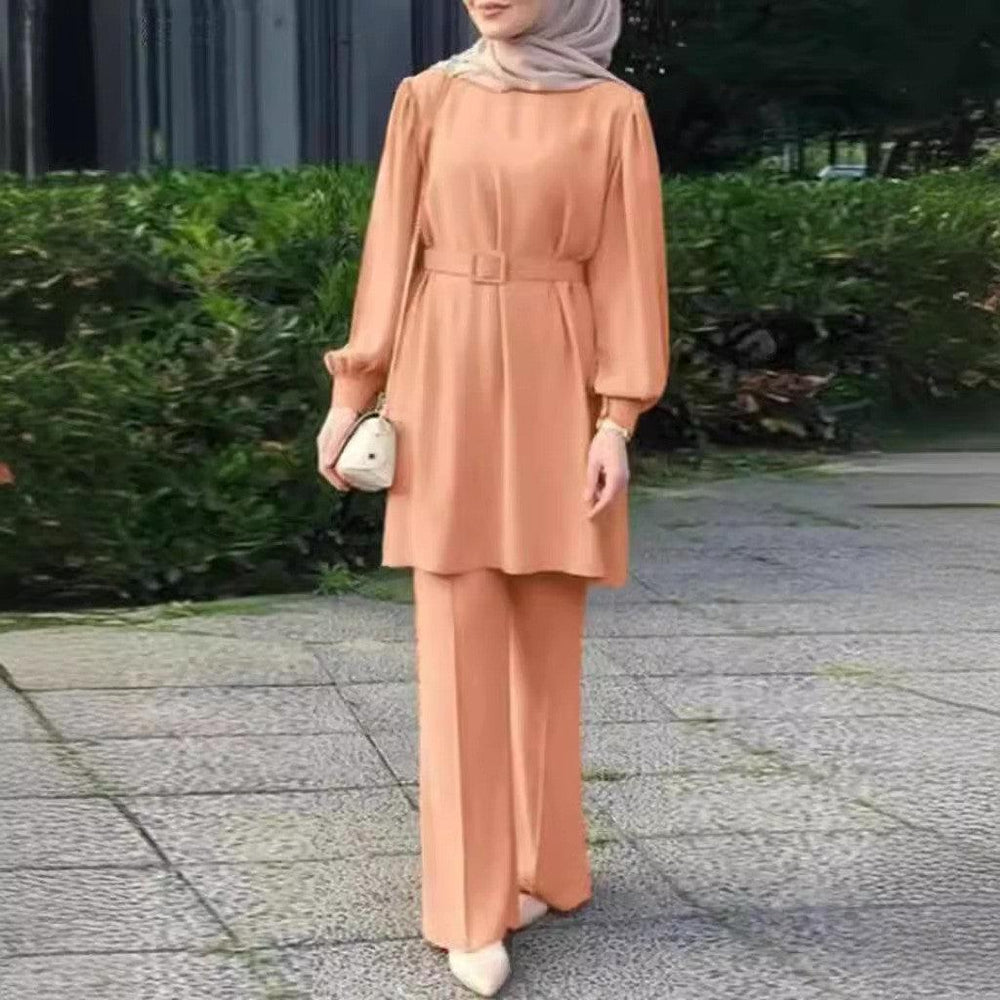 بدلة قمة وسروال بأكمام طويلة وياقة دائرية للمسلمين في الشرق الأوسط مع حزام وخصر مطاطي EX-STOCK Canada