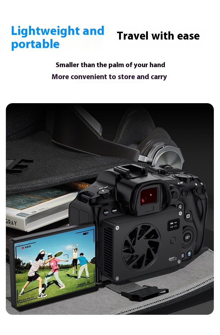 A black compact camera with a flip-out screen, shown in a travel-themed promotional layout with text reading 'Lightweight and portable' and 'Travel with ease.' The camera is pictured beside a laptop, a small black accessory, and a dark fabric surface, with a golf scene displayed on the screen.