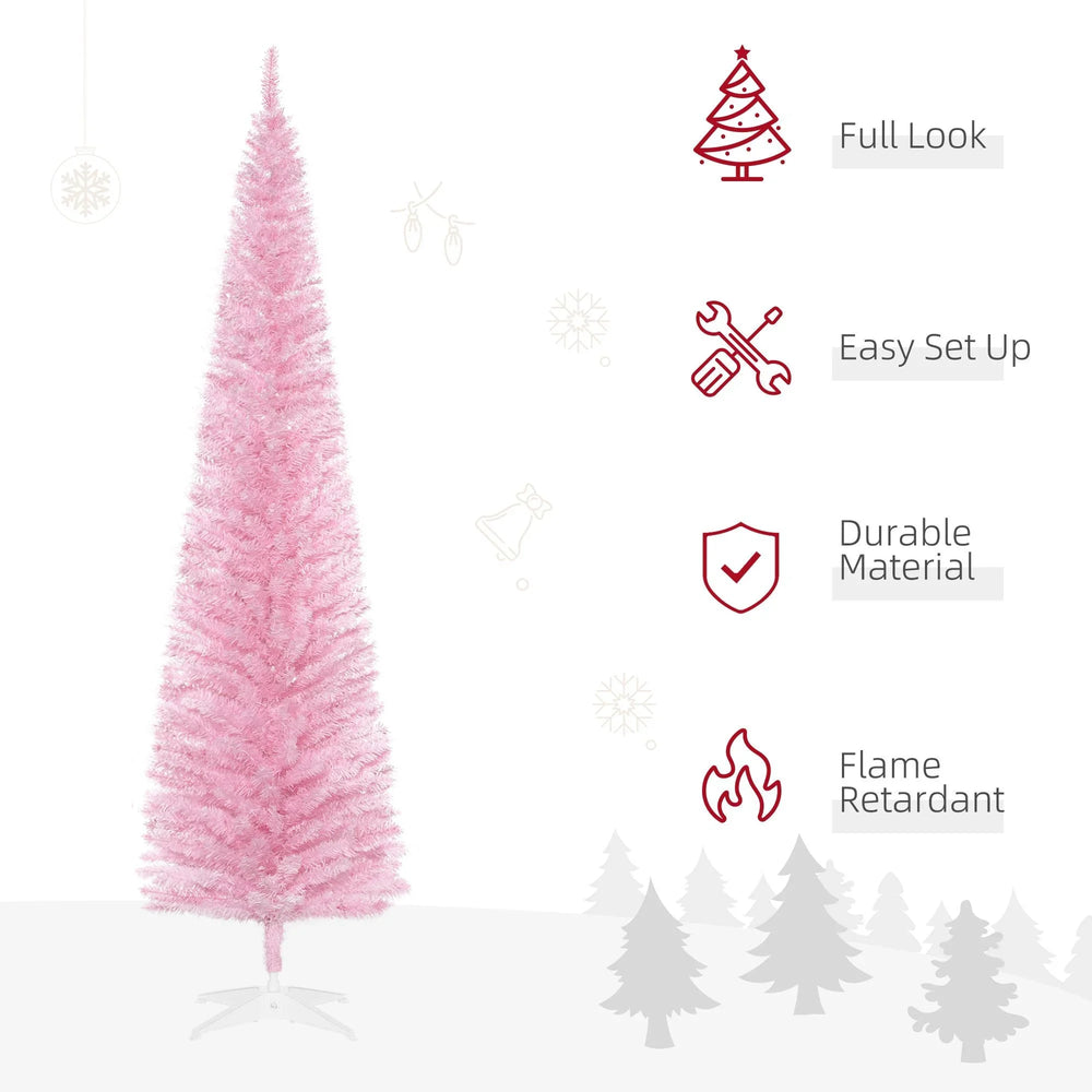 7' Pencil Christmas Tree, Slim Artificial Xmas Tree With Realistic Branches, Sturdy Metal Stand, Pink EX-STOCK Canada
