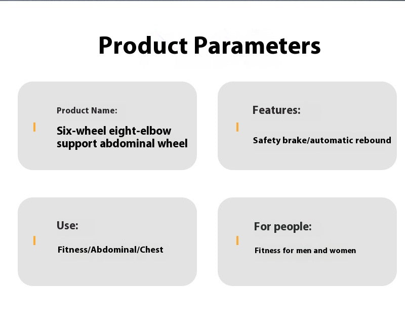 A product information graphic titled 'Product Parameters' on a white background, with four rounded gray boxes listing product name, features, use, and target people.
