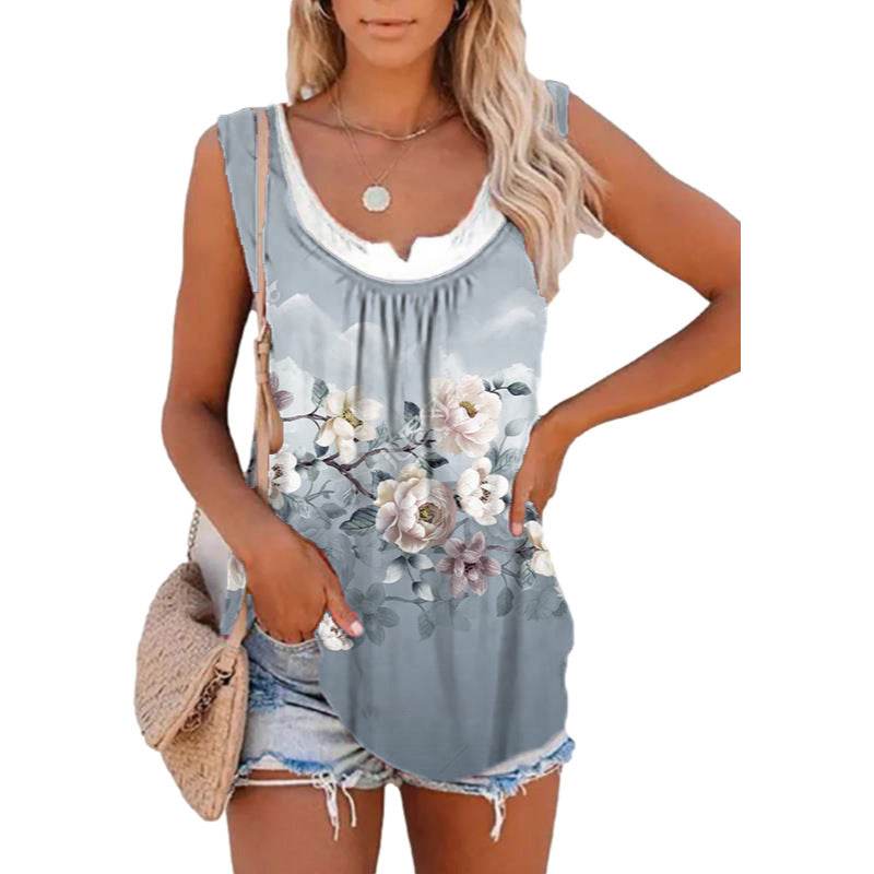 Casual Spring And Summer Tops Printed Sleeveless Pleating Vest T-shirt For Women - EX-STOCK Canada