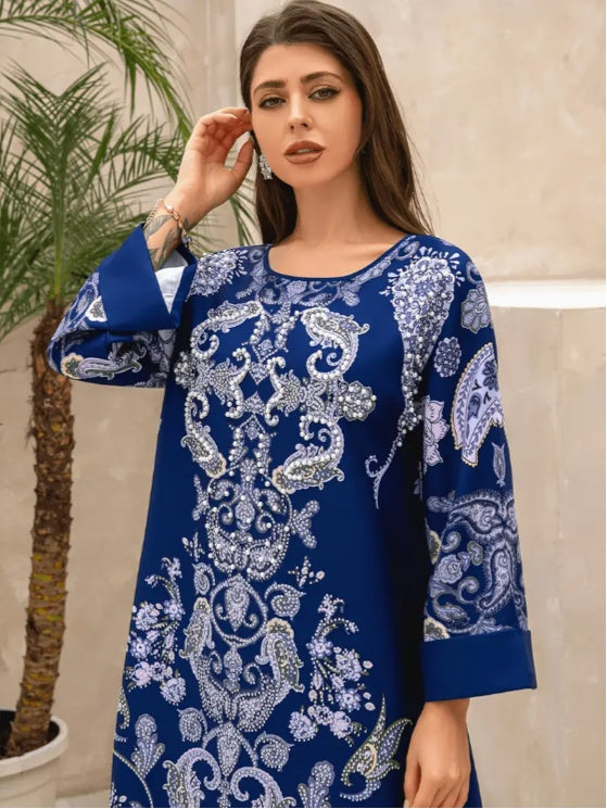 Elegant Floral Print Long Sleeve Abaya Dress - EX-STOCK Canada