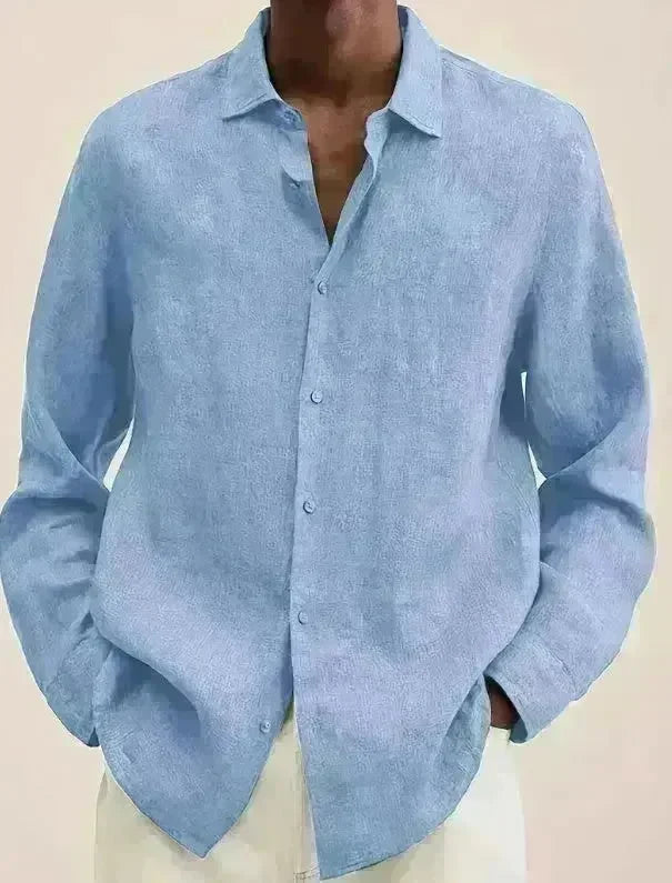 Casual Light Blue Plain Button down Long sleeve Cotton Linen Men shirt - EX-STOCK CANADA