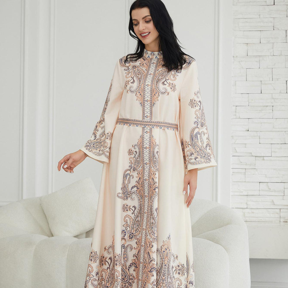 Stand Collar Printing Long Retro Muslim Dress - EX-STOCK Canada