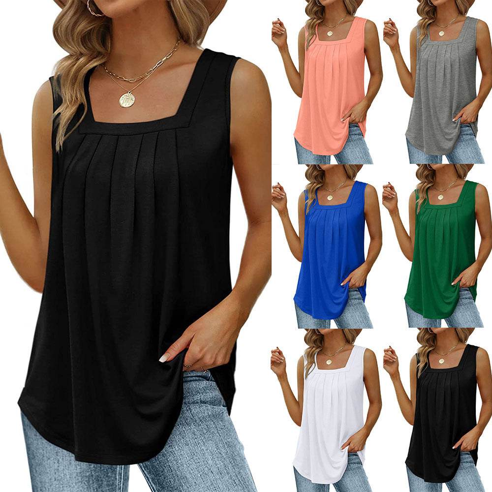 Summer cotton Tops For Women Loose Fit Pleated Square Neck Sleeveless Blouse Tops - EX-STOCK Canada