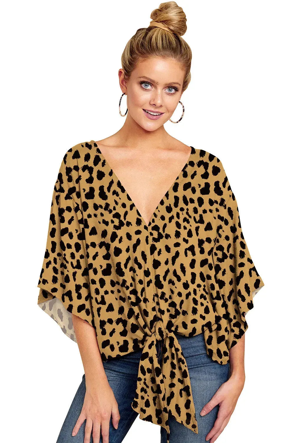 New V Neck Blouse Women Leopard Print Floral Tie Front Blouses Batwing Summer Oversize Ladies Tops - EX-STOCK CANADA
