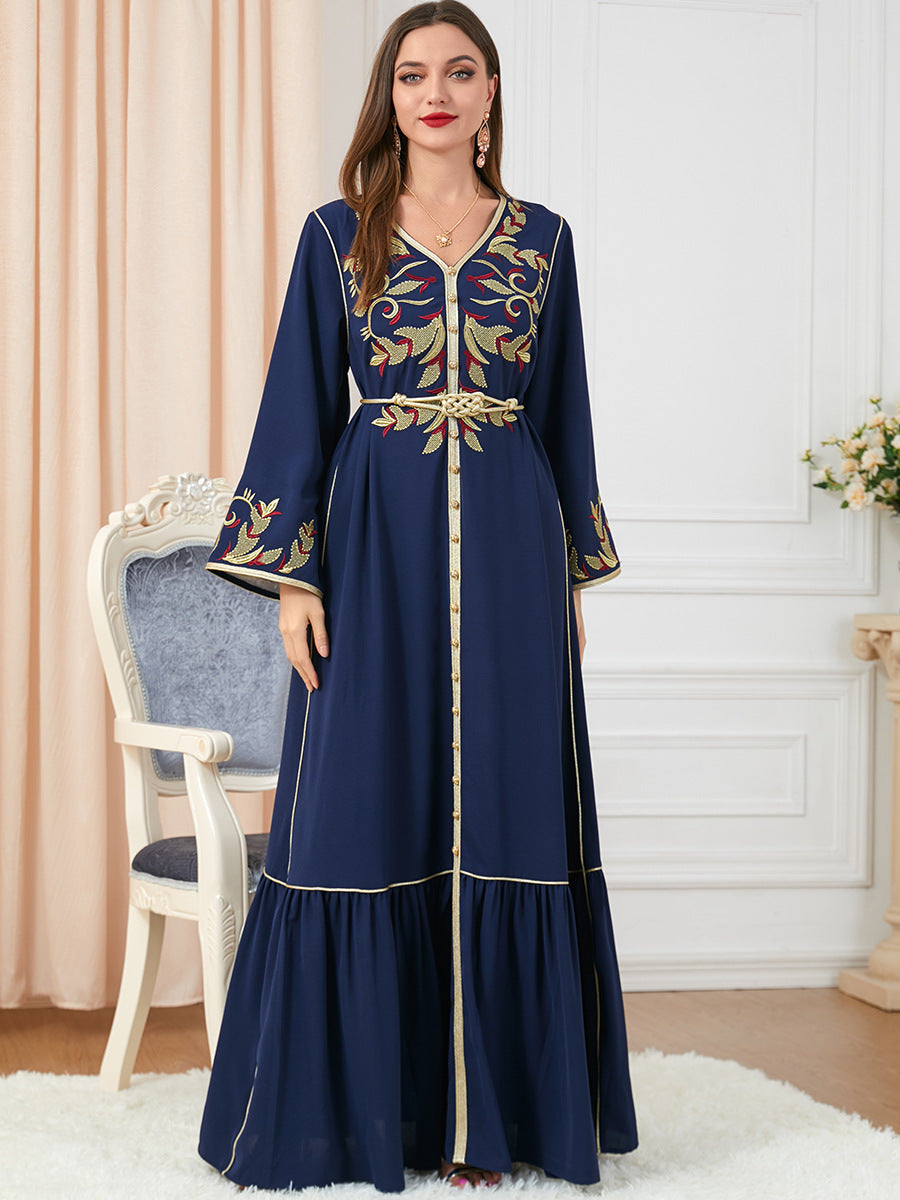 Robe arabe pour femmes avec broderie, col rond et manches longues - EX-STOCK Canada
