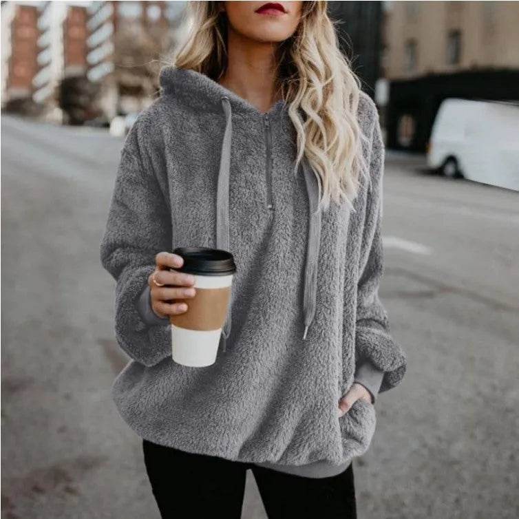 Women's Polerones Fleece Hoodie Pullover fall Winter Zipper Pocket Sweatshirt - EX-STOCK Canada