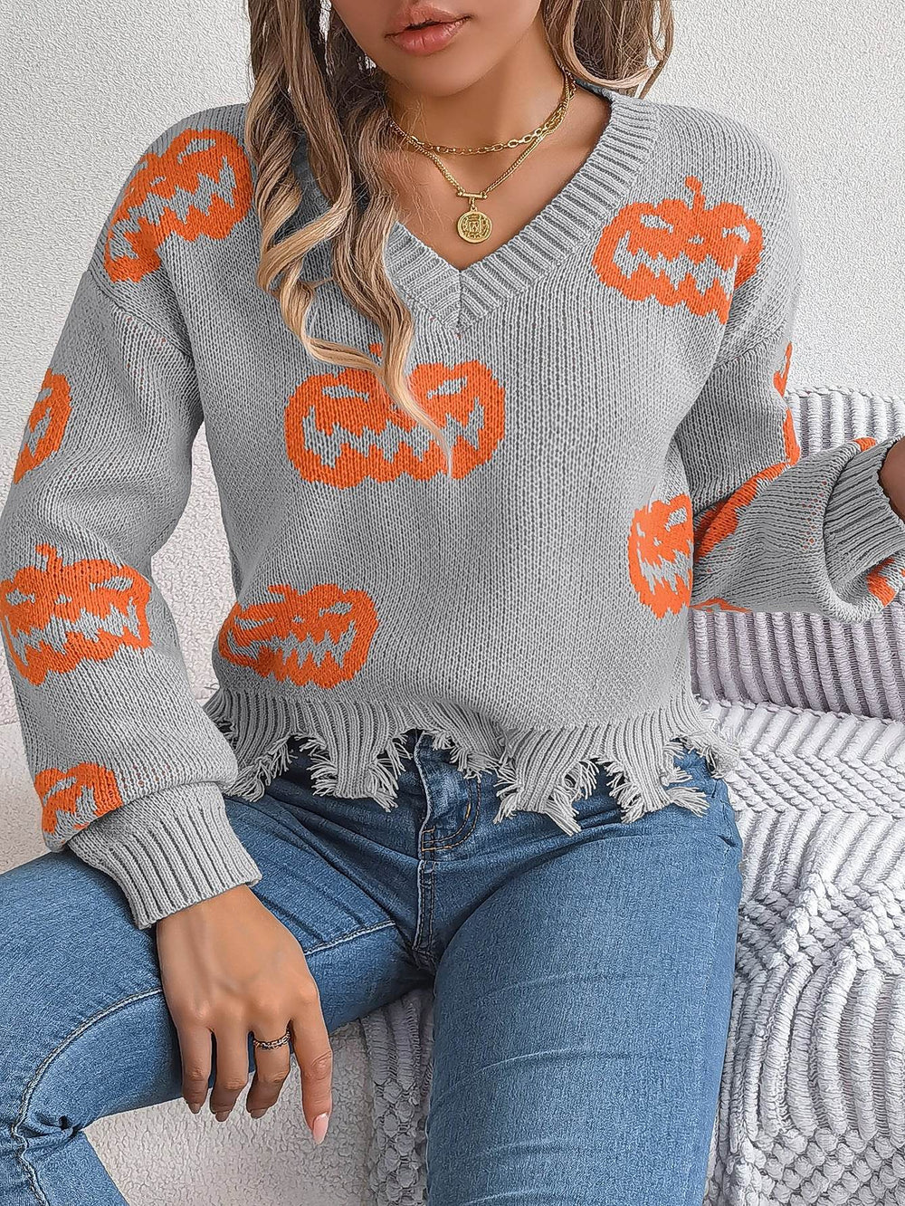 Halloween Contrast Color Pumpkin Cut Long Sleeve Sweater - EX-STOCK Canada