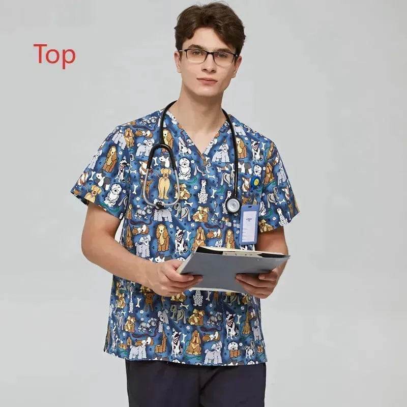 Surgical Gown Printed V-neck Pet Doctor Beauty Hospital Work Clothes Flower Dog Blue - EX-STOCK Canada