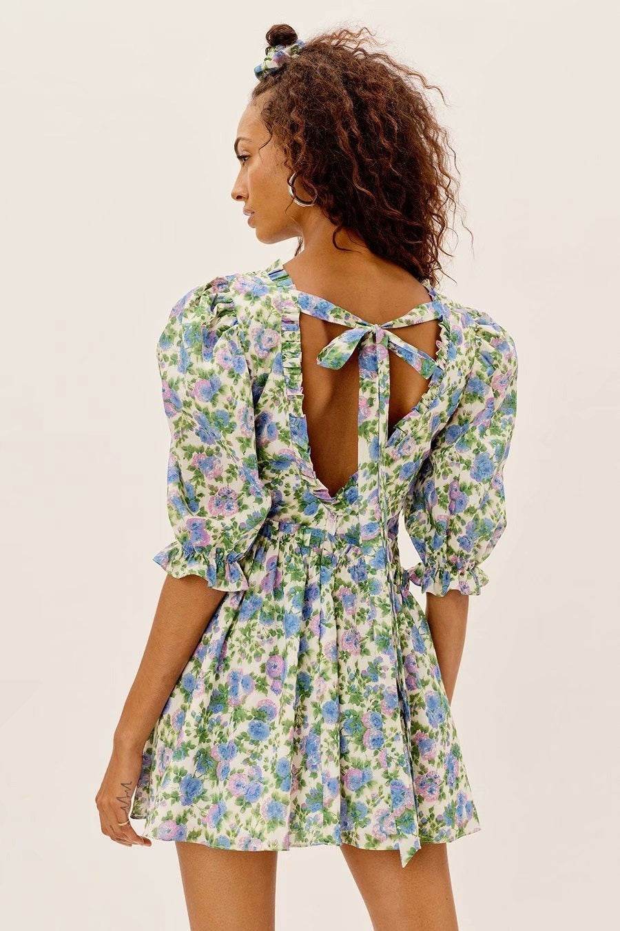 Women Summer Green Floral Chiffon Dresses Holiday Puff Short Sleeve V-Neck Back Lace Up Design Wrap One Piece Dress - EX-STOCK Canada