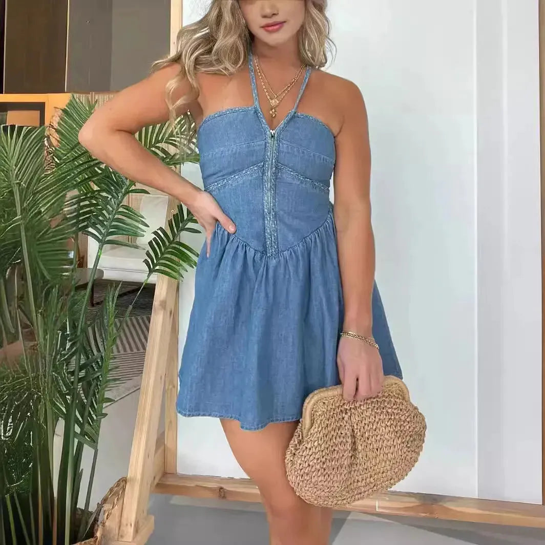 Fashion Women's Halter Denim Mini Flared Dress - EX-STOCK CANADA