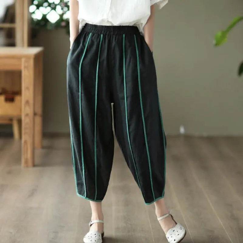 Summer Thin Striped Cotton And Linen Cropped trouser Pants For Women - EX-STOCK Canada