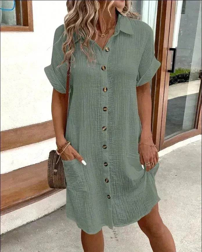 Womens Button Down Shirt Dress Summer Cotton Linen Dress V-Neck Mini Dress Casual Short Sleeve Loose Tunic Dresses - EX-STOCK Canada