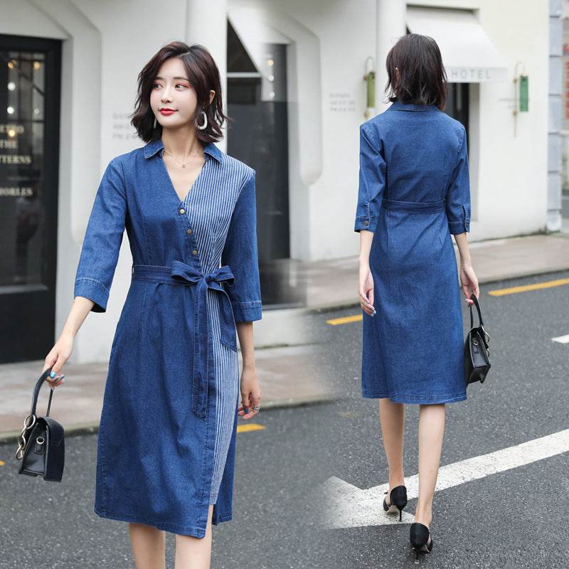Casual Fashion Slim denim Wrap dress - EX-STOCK Canada