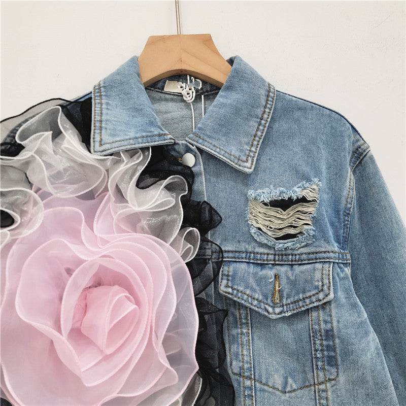 Elegant women fashion embroidered cropped Ripped blue Denim Jacket - EX-STOCK Canada