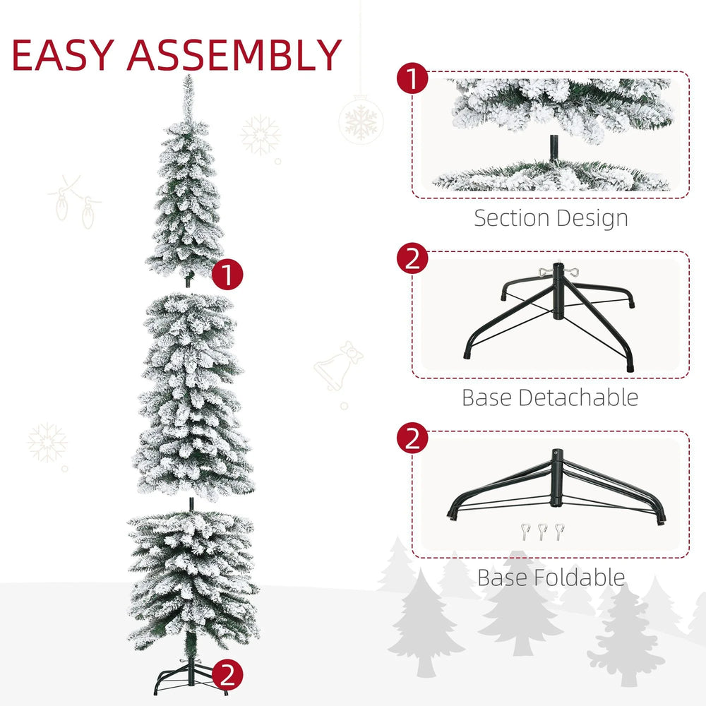 7ft Snow-Flocked Artificial Christmas Tree, Slim Pencil Xmas Tree With 490 Realistic Branches, Metal Base, Green EX-STOCK Canada