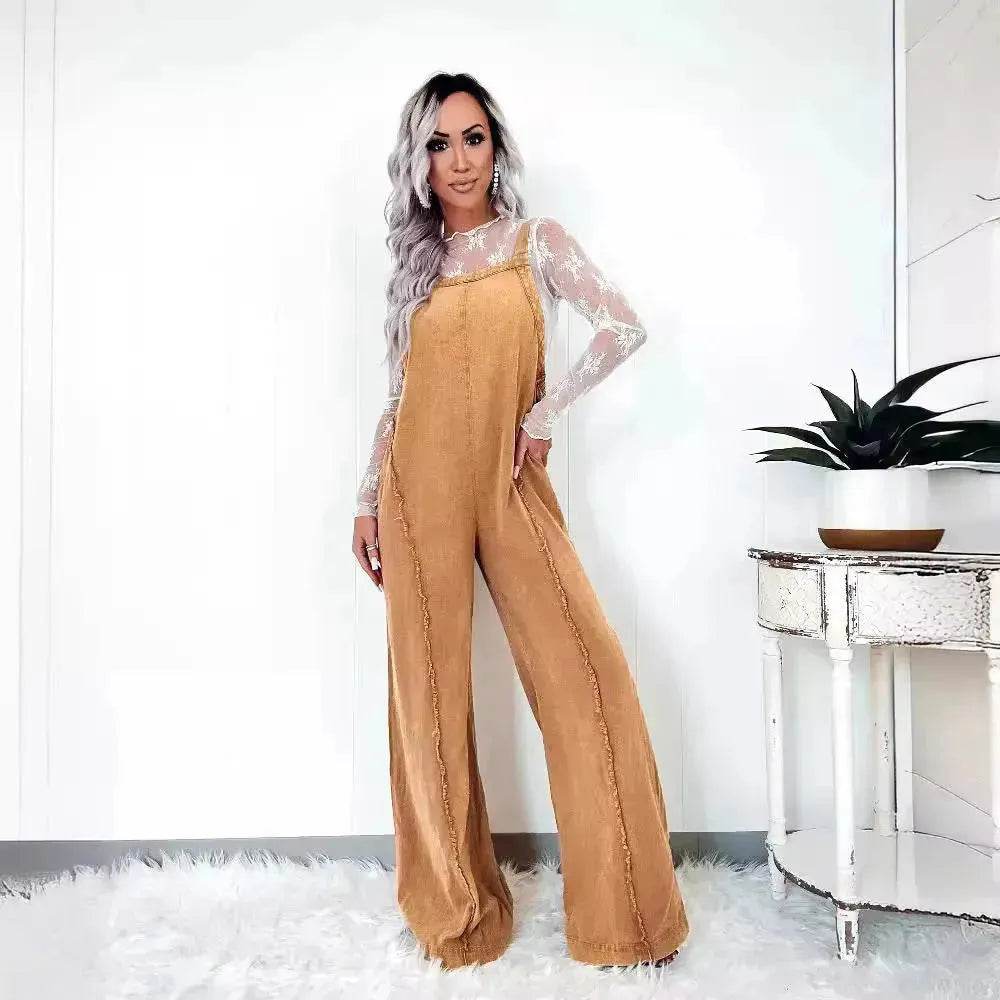 Retro Washed Raw Edge Denim Wide-leg Suspender Denim Jumpsuit Baggy Denim Jeans Jumper - EX-STOCK Canada