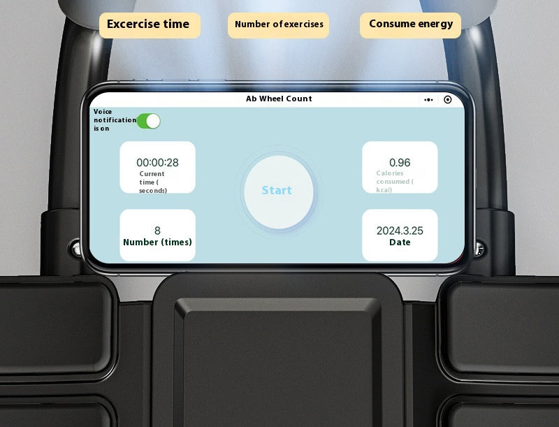 A smartphone mounted on a black abdominal exercise machine screen showing an ab wheel workout interface with exercise time, number of exercises, and consume energy displayed at the top.