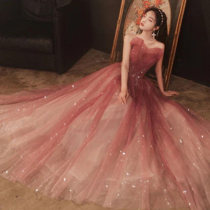 Evening Female Toast Dress Red Bridal Dinner Tube Top Long Dress Host Fairy Spirit EX-STOCK Canada