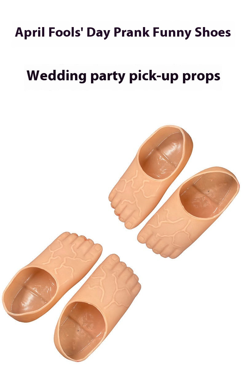 Four novelty fake shoes shaped like feet in a peach-beige color, displayed on a plain white background with black text at the top reading 'April Fools' Day Prank Funny Shoes' and 'Wedding party pick-up props'.