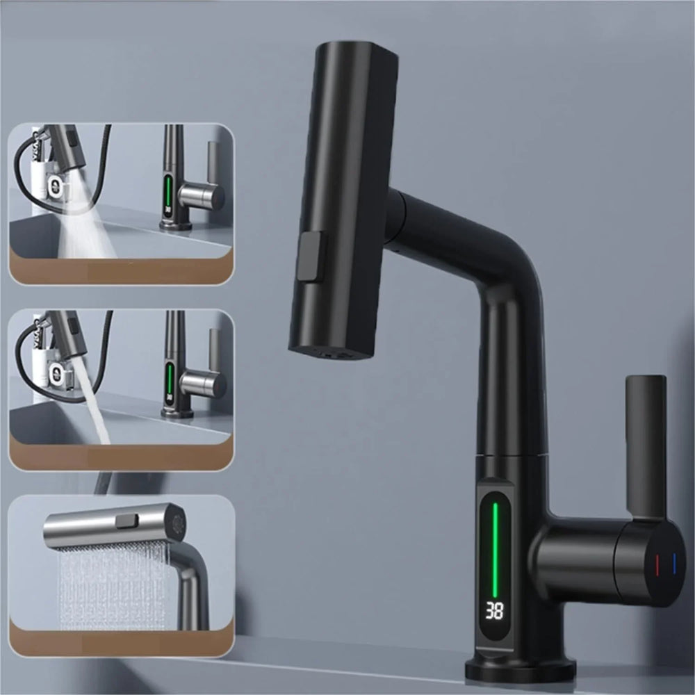 Intelligent Digital Display Faucet Pull-out Basin Faucet Temperature Digital Display Rotation EX-STOCK Canada
