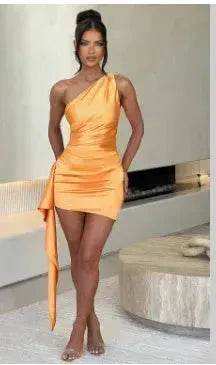 One-shoulder Sleeveless Mini Dress Charming Slim Backless Party Wedding Satin Dresses Womens Clothing - EX-STOCK Canada
