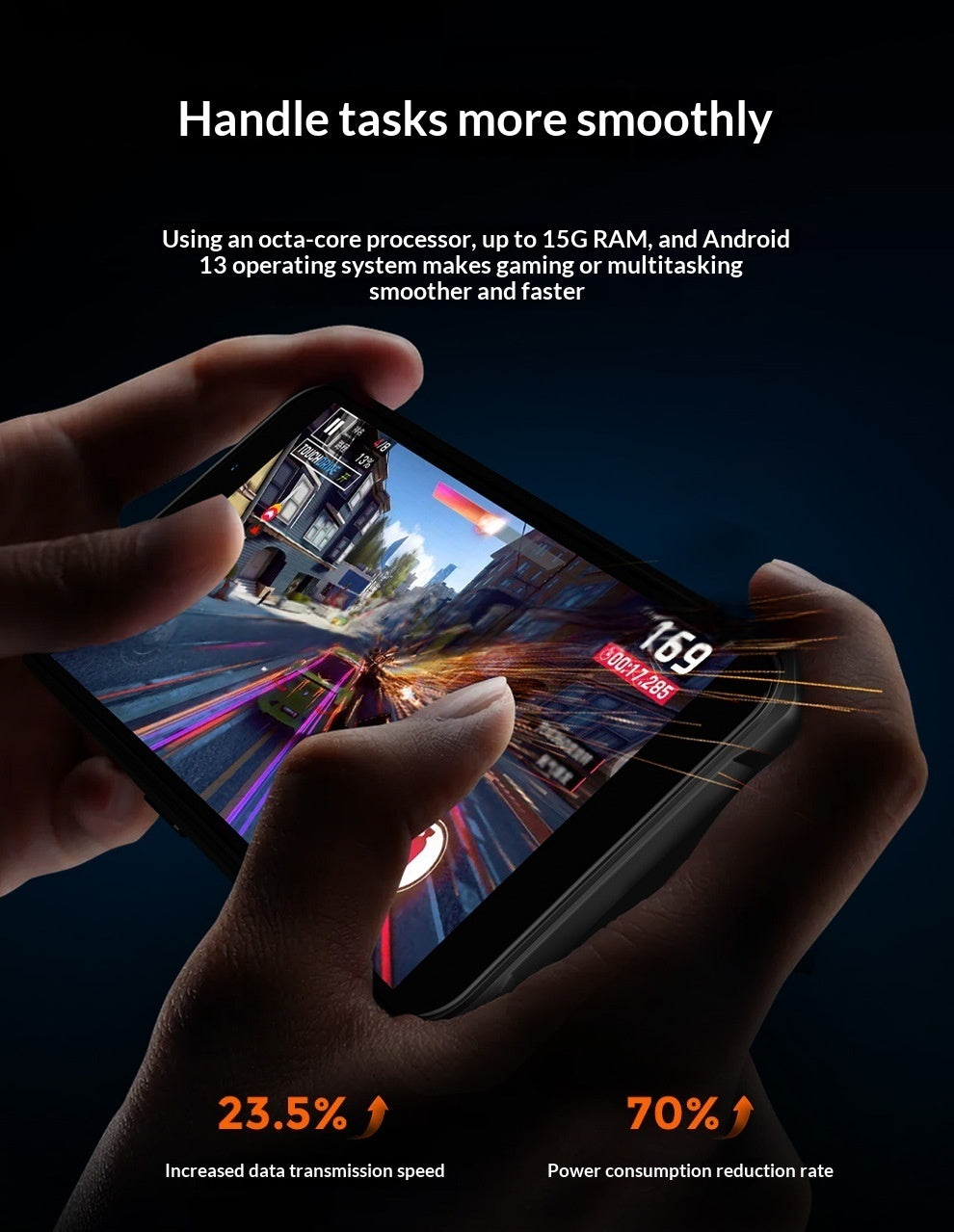 Person holding a smartphone playing a game with text about processor, RAM, and operating system.