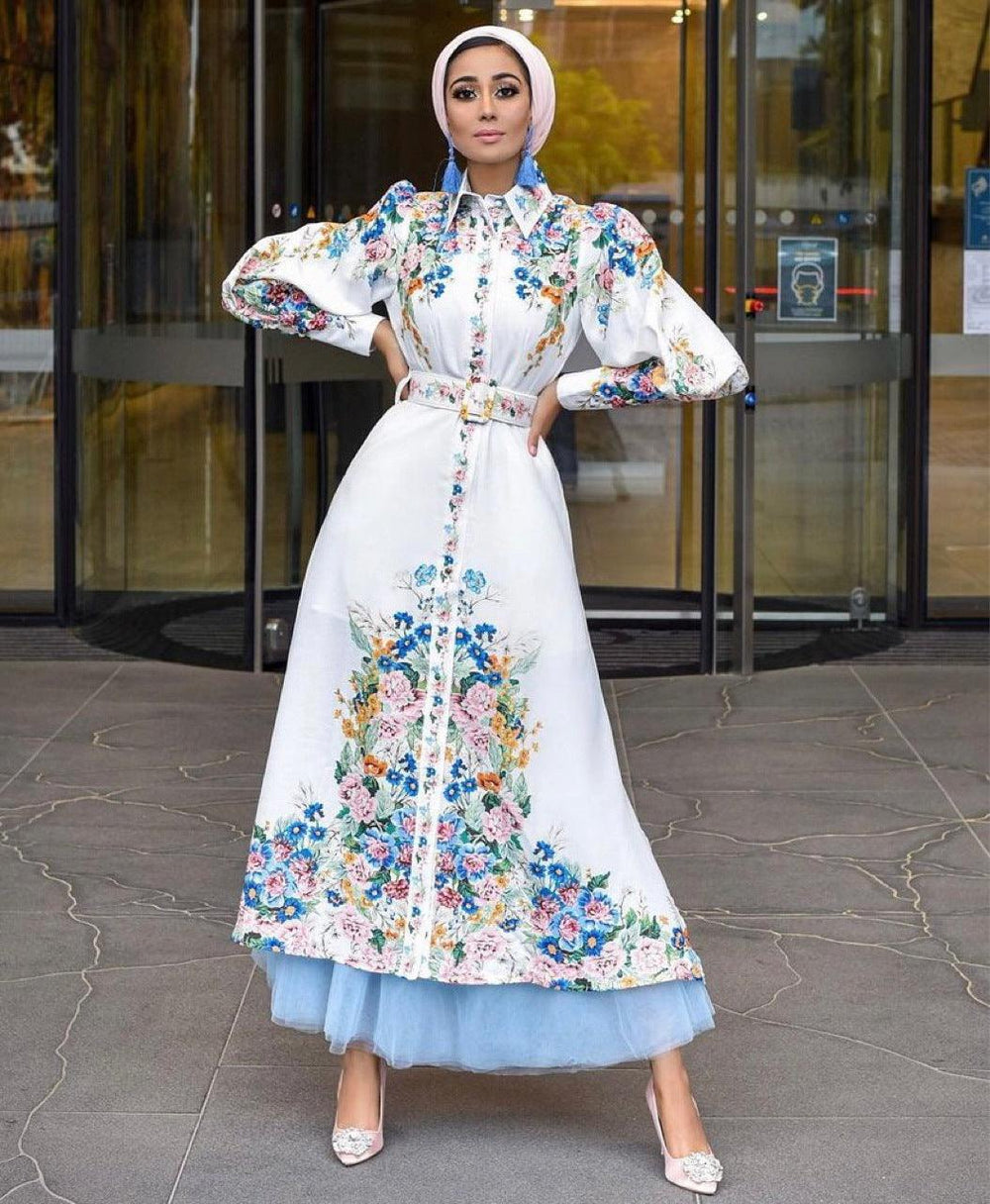 Fashion Puff Sleeves Lapel Robe Arabic Women's Digital Printed Mid Waist Long Dress - EX-STOCK Canada
