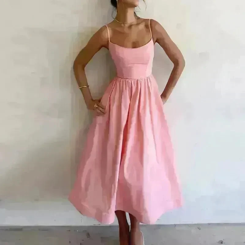 Elegant Solid Color Spaghetti Strap Suspender Skirt Dress Midi Skater Dress for Women - EX-STOCK CANADA
