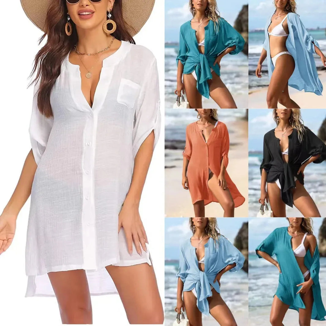 European And American Sun Protection Women Beach Linen Shirt dress - EX-STOCK CANADA