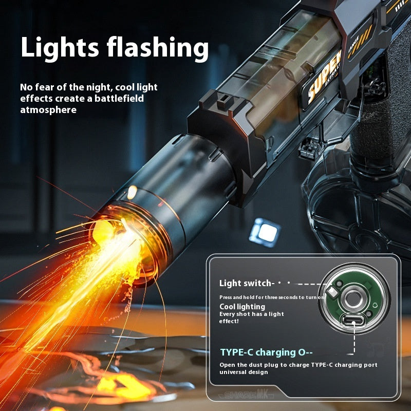 Toy gun with light effects and charging indicator on a dark background