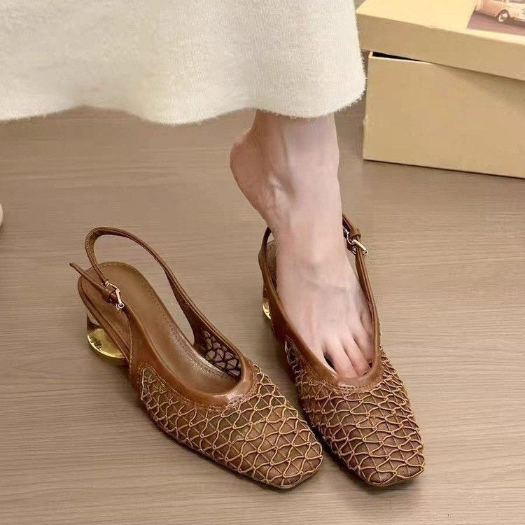 2025 French Retro Square Toe Mesh Hollow Block Heel Mary Jane Sandals For Women