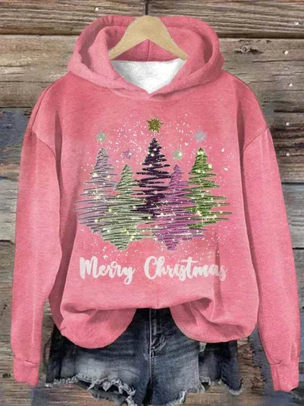 Round Neck Hooded Long Sleeve Four Christmas Trees Loose Hoodie Sweatshirt - EX-STOCK Canada