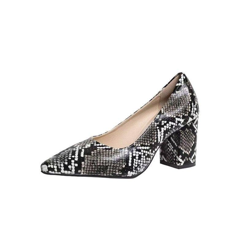 Women's Snake Print Pointed Toe Block Heel Pumps 2026 Spring Summer Elegant High Heels Versatile Office Party Shoes
