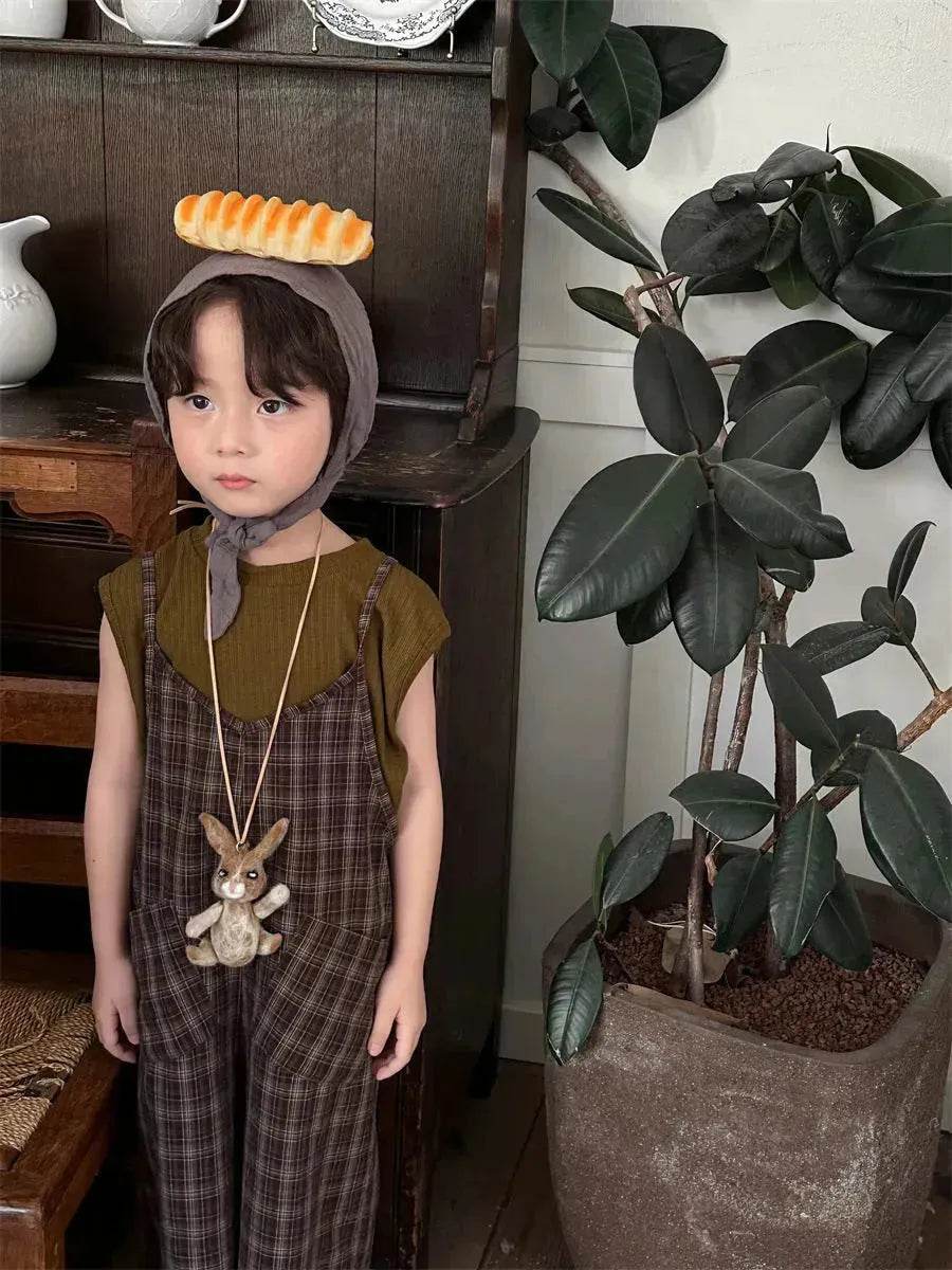 Summer Children's Plaid Overalls boy And girl Baby Unisex Mori Style Retro Jumpsuit Straight-leg Pants - EX-STOCK Canada