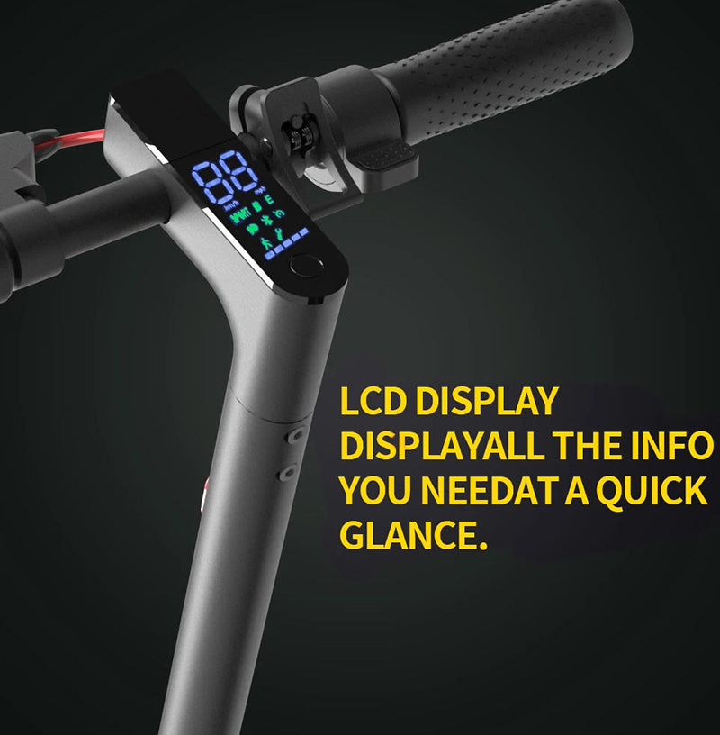 Close-up of an electric scooter handlebar with an LCD display and text highlighting its features. D01 Foldable Electric Scooter – 350W Motor, 40km/h, 30–40km Range