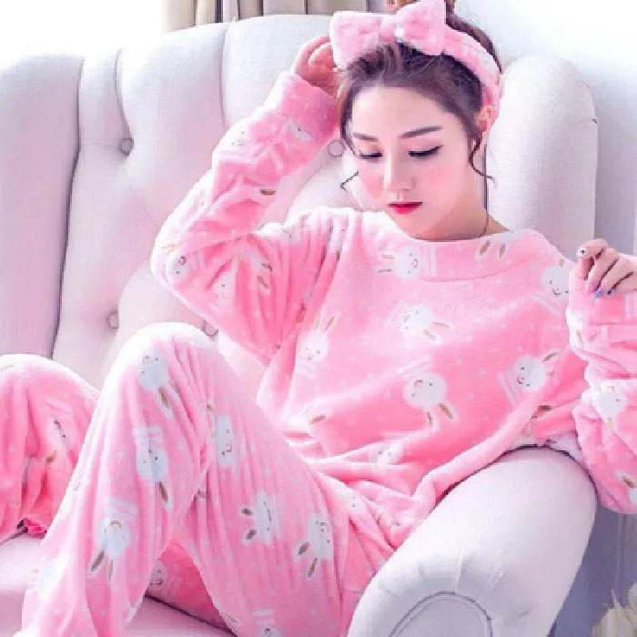 Women Coral Velvet Fleece Pajamas Fall Winter Loungewear Flannel Sleepwear - EX-STOCK Canada