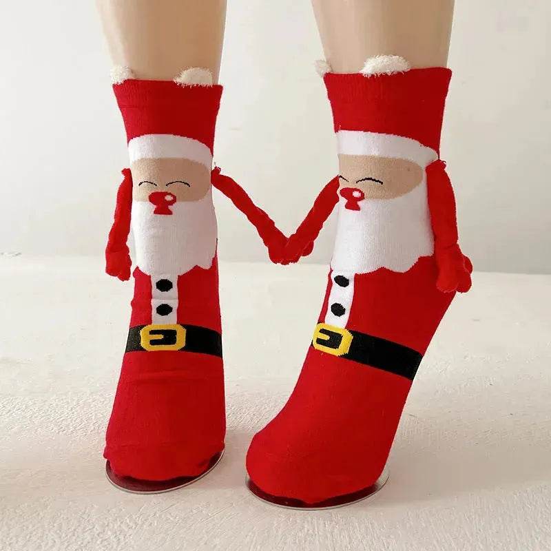 Christmas Magnetic Socks Cute Elk Santa Claus Snowman Hand-holding Socks For Couple - EX-STOCK Canada