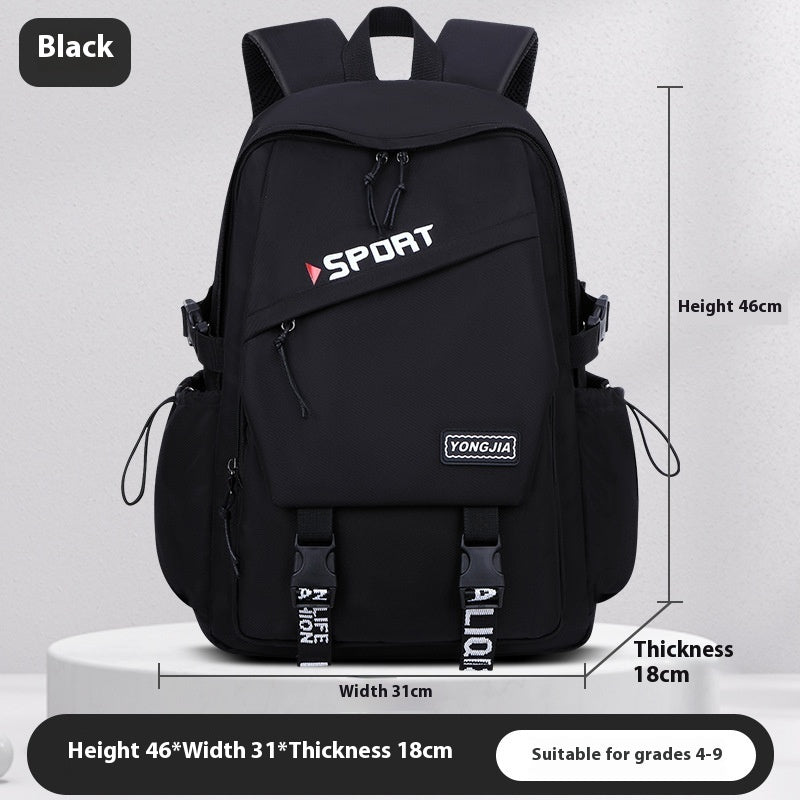 Black backpack with measurements and brand name on a gray background