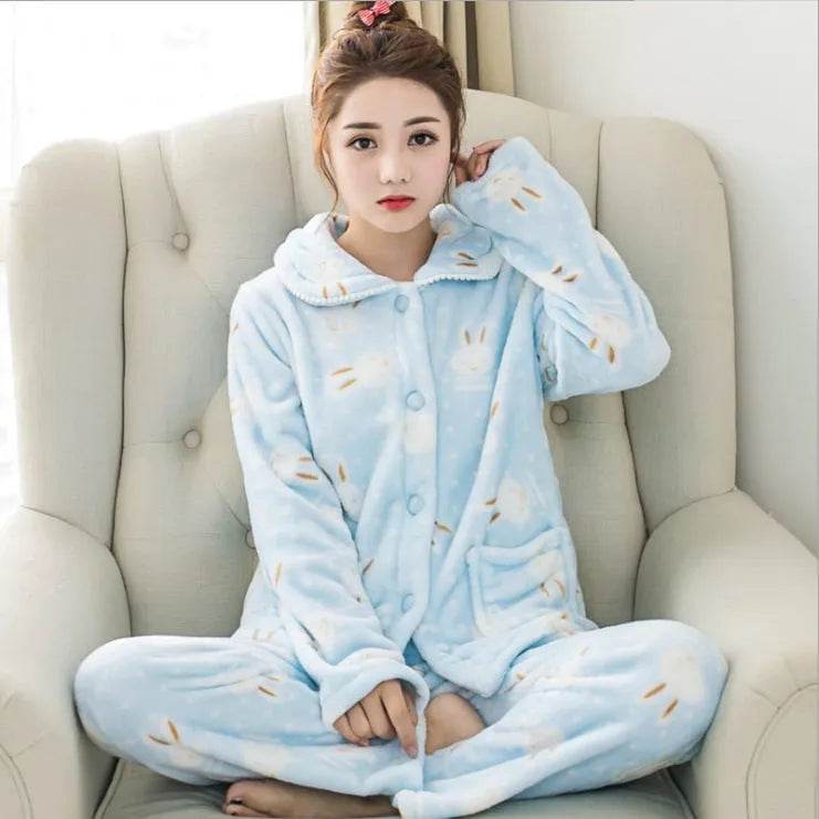 Women Coral Velvet Fleece Pajamas Fall Winter Loungewear Flannel Sleepwear - EX-STOCK Canada