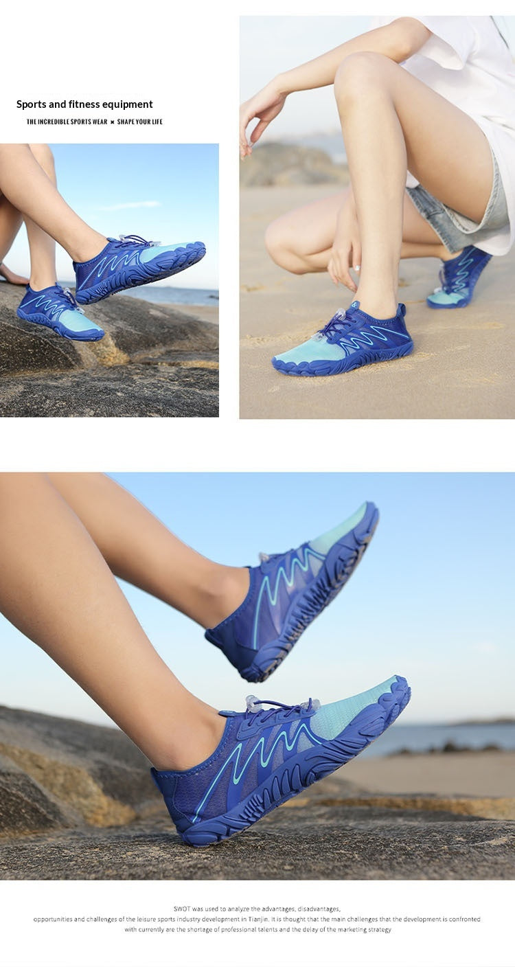 A three-panel collage showing a person wearing blue athletic shoes outdoors on rocks and sand. The top-left panel includes small text reading 'Sports and fitness equipment'; the shoes are the product and are clearly visible in all panels.