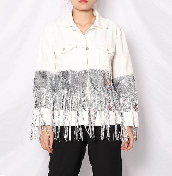 Lapel Pocket Heavy Industry Sequins Tassel Loose Ripped Denim Jacket Women - EX-STOCK Canada