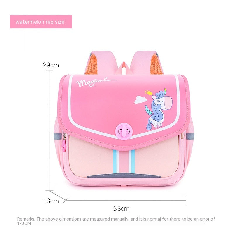 Pink children's backpack with unicorn design and measurements on a white background