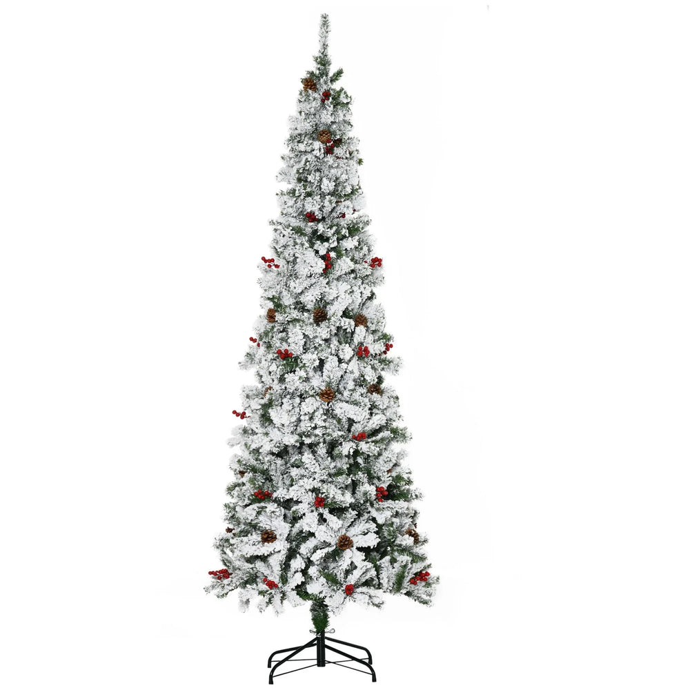 7.5 Foot Pencil Snow Flocked Artificial Christmas Tree With 950 Pine Realistic Branches, Pine Cones, Red Berries, Auto Open, Green EX-STOCK Canada