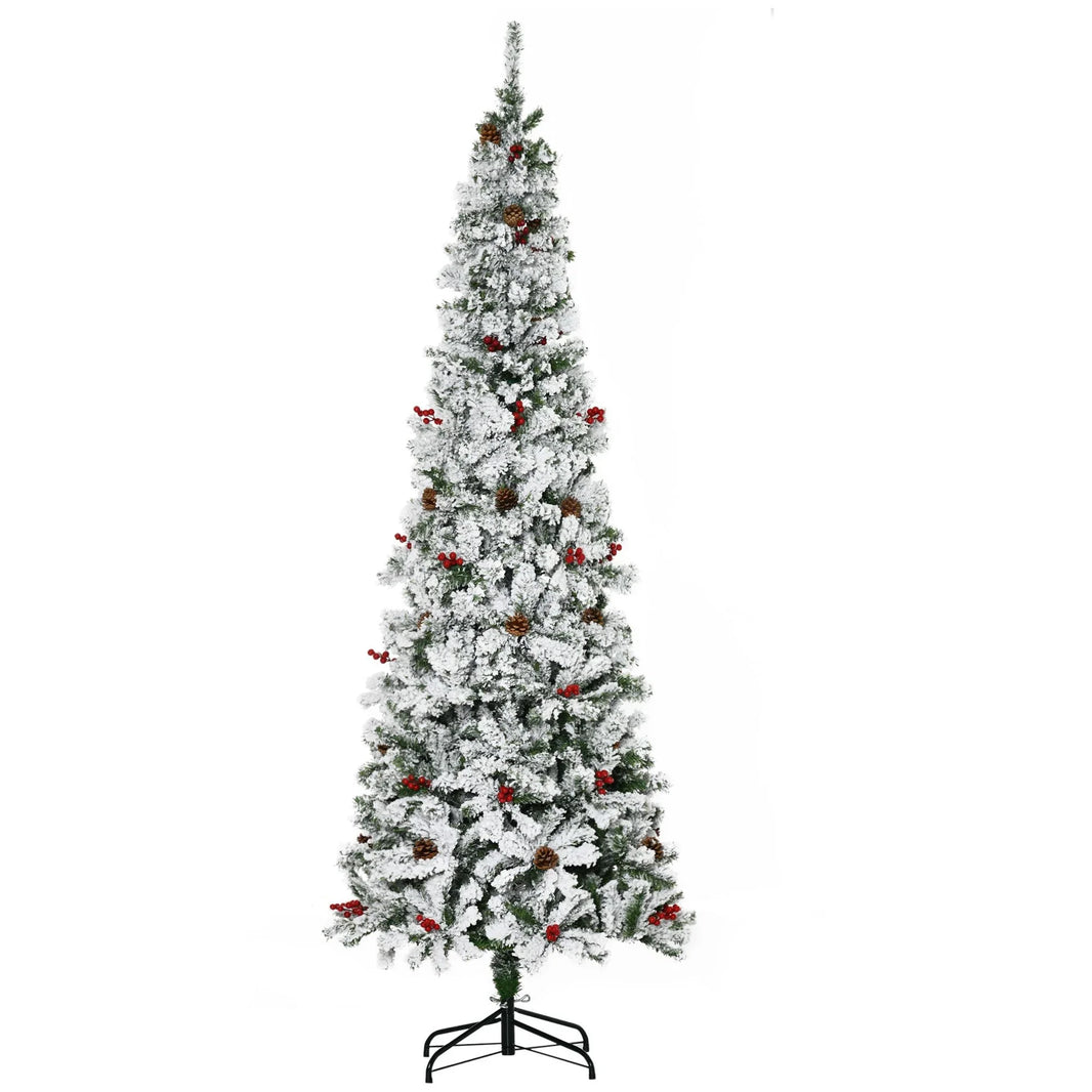 7.5 Foot Pencil Snow Flocked Artificial Christmas Tree With 950 Pine Realistic Branches, Pine Cones, Red Berries, Auto Open, Green EX-STOCK Canada