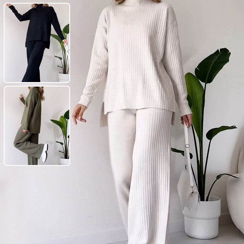 Casual 2pcs Co ord Winter Turtleneck Knitted Suit Loose Split Long-sleeved Top And Straight Trousers Fashion Casual Solid Set Women's Clothing - EX-STOCK Canada
