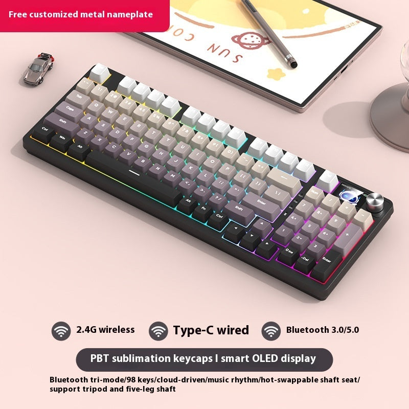 Mechanical keyboard with RGB lighting on a desk with a tablet and smartphone in the background.